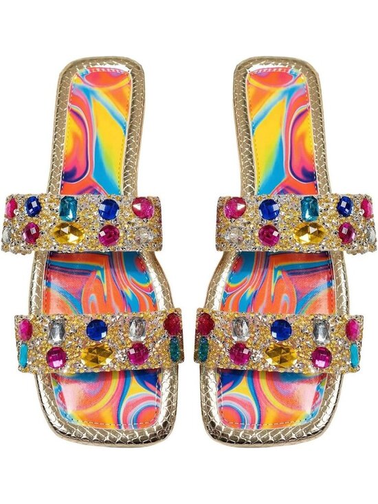 Shoes - Women's Rainbow Multicolor Summer Sparkly Rhinestone Bling Square Toe Flats